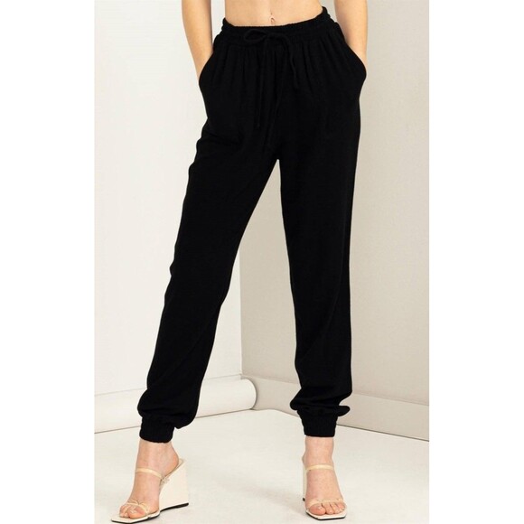 Anytime Black Linen Drawstring Jogger Pants - Picture 1 of 5